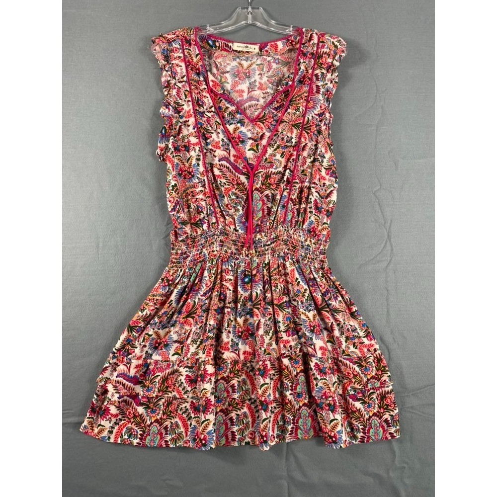 Natural Life Mini Dress Women Sz M Floral Smocked Waist Ruffle Hem Garden Party